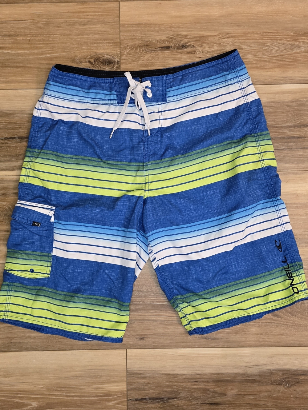O'Neill Blue, Green & White Striped Men’s Swim Board Shorts